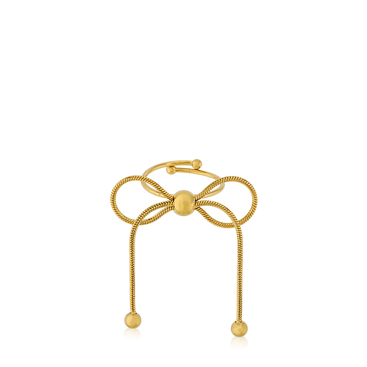 Gold Bow Grace Glamour Ring with intertwined strands forming a delicate bow, adding a touch of elegance and sophistication to any outfit.
