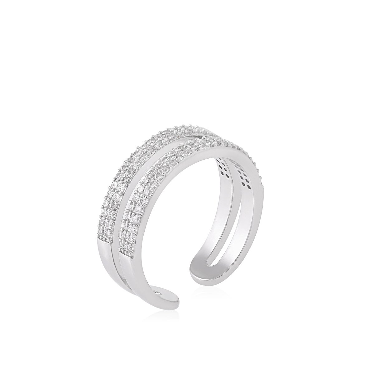 Doubled Ring featuring two intertwined bands with sparkling stones, elegant silver-tone ring perfect for adding luxury and sophistication to any look.