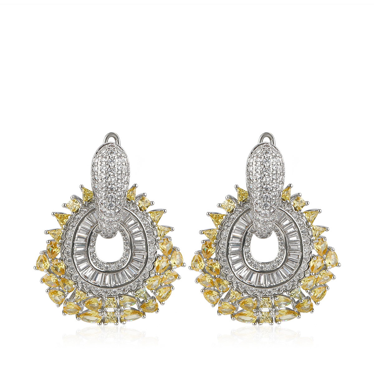 Statement Earrings 2 In 1 featuring vibrant yellow stones and zircon diamonds, offering a bold or classic look.
