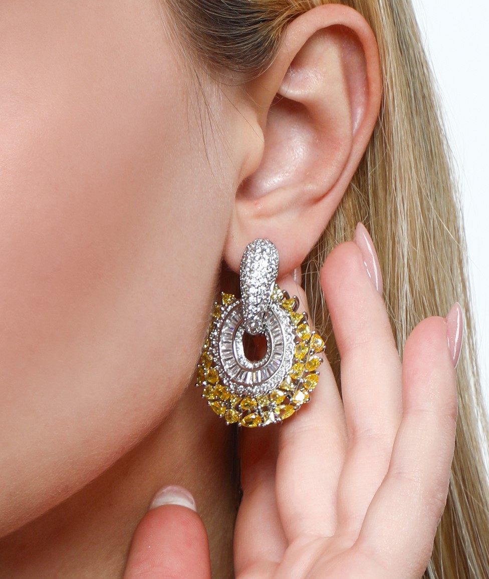 Statement Earrings 2 In 1 featuring vibrant yellow stones and zircon diamonds, offering a bold or classic look.