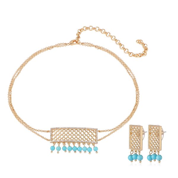 Turquoise Choker and Earrings Set featuring gold lattice design and vibrant turquoise beads, perfect for adding elegance to any outfit.