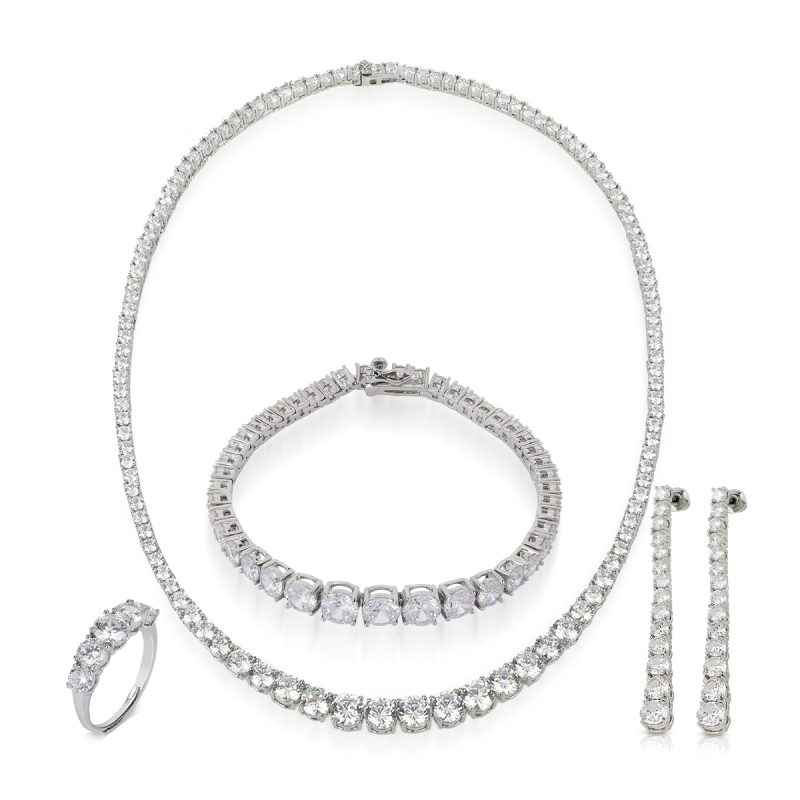 Royal Tennis Elegance Ensemble – Four-Piece Jewelry Set featuring necklace, earrings, bracelet, and ring with brilliant stones
