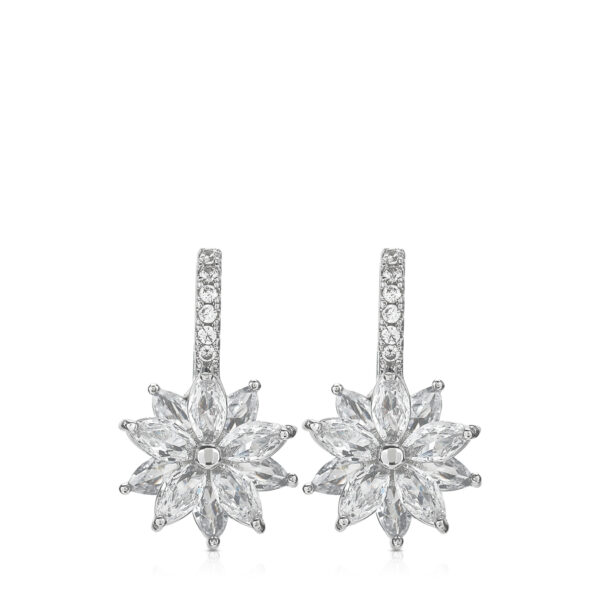 Silver floral dangle earrings with sparkling crystal stones