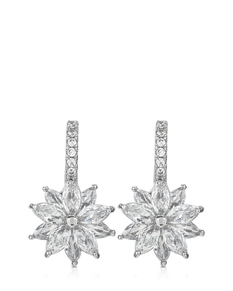 Silver floral dangle earrings with sparkling crystal stones
