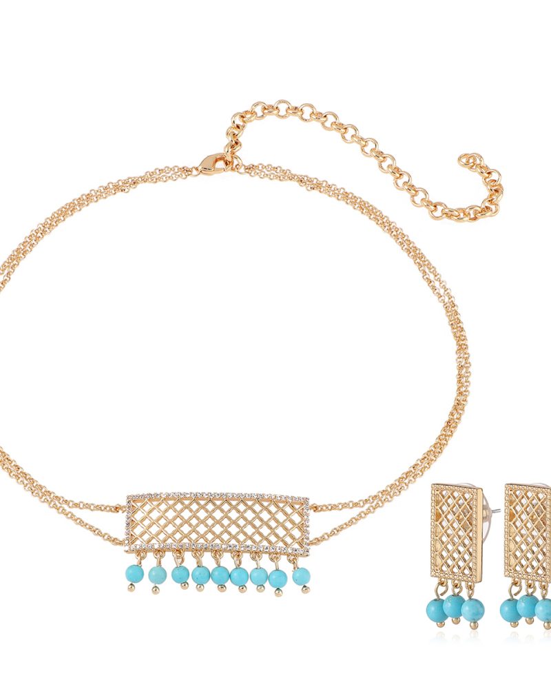 Turquoise Choker and Earrings Set featuring gold lattice design and vibrant turquoise beads, perfect for adding elegance to any outfit.